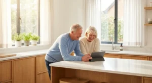 A happy retired couple looking at a tablet in a bright, modern kitchen, representing Medicare financial planning.