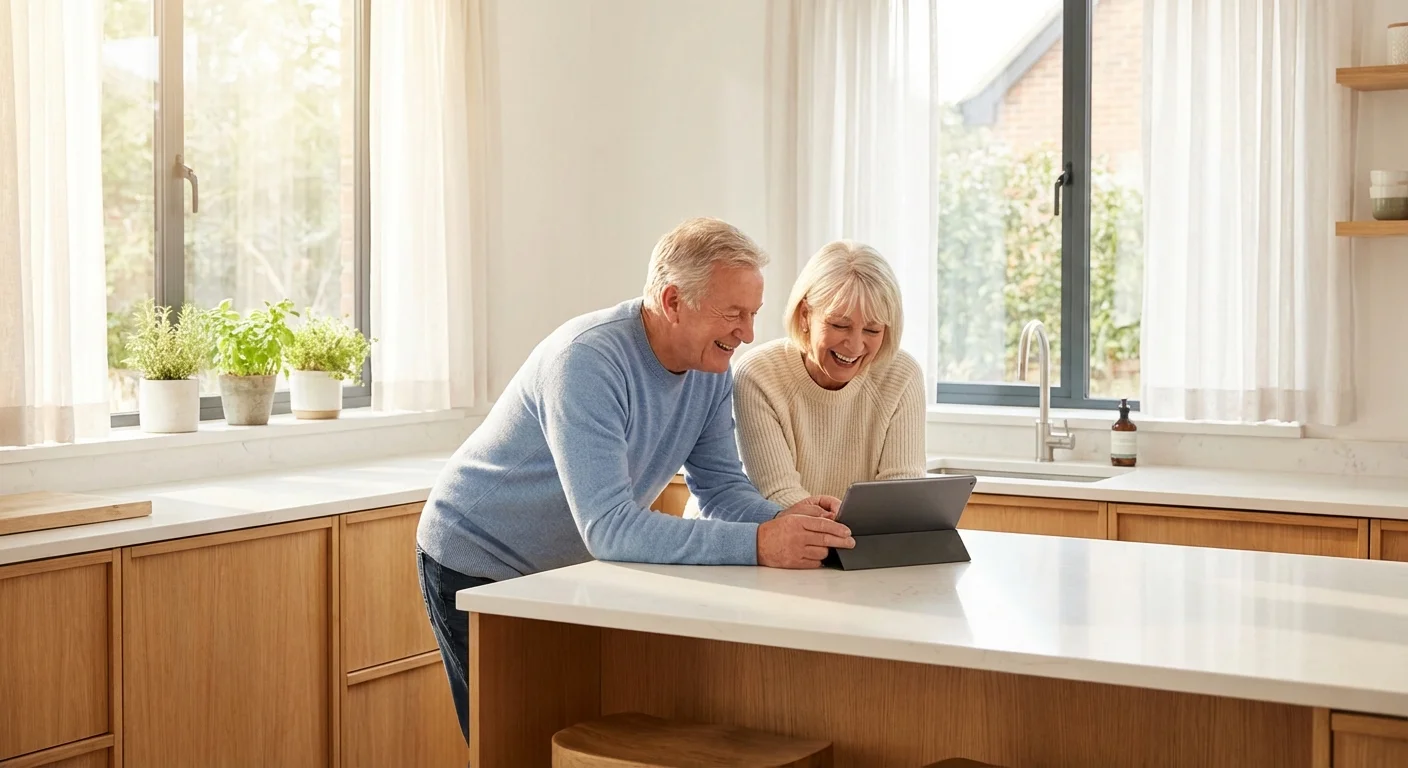 A happy retired couple looking at a tablet in a bright, modern kitchen, representing Medicare financial planning.