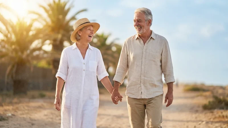 A happy retired couple walking on a sunny coastal path during golden hour.
