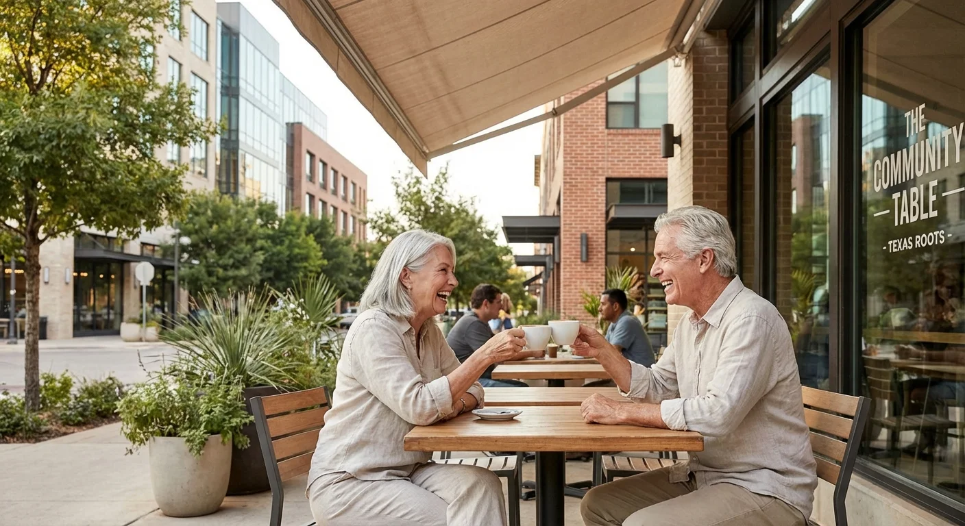 A happy senior couple enjoying coffee at a modern outdoor cafe in Texas.