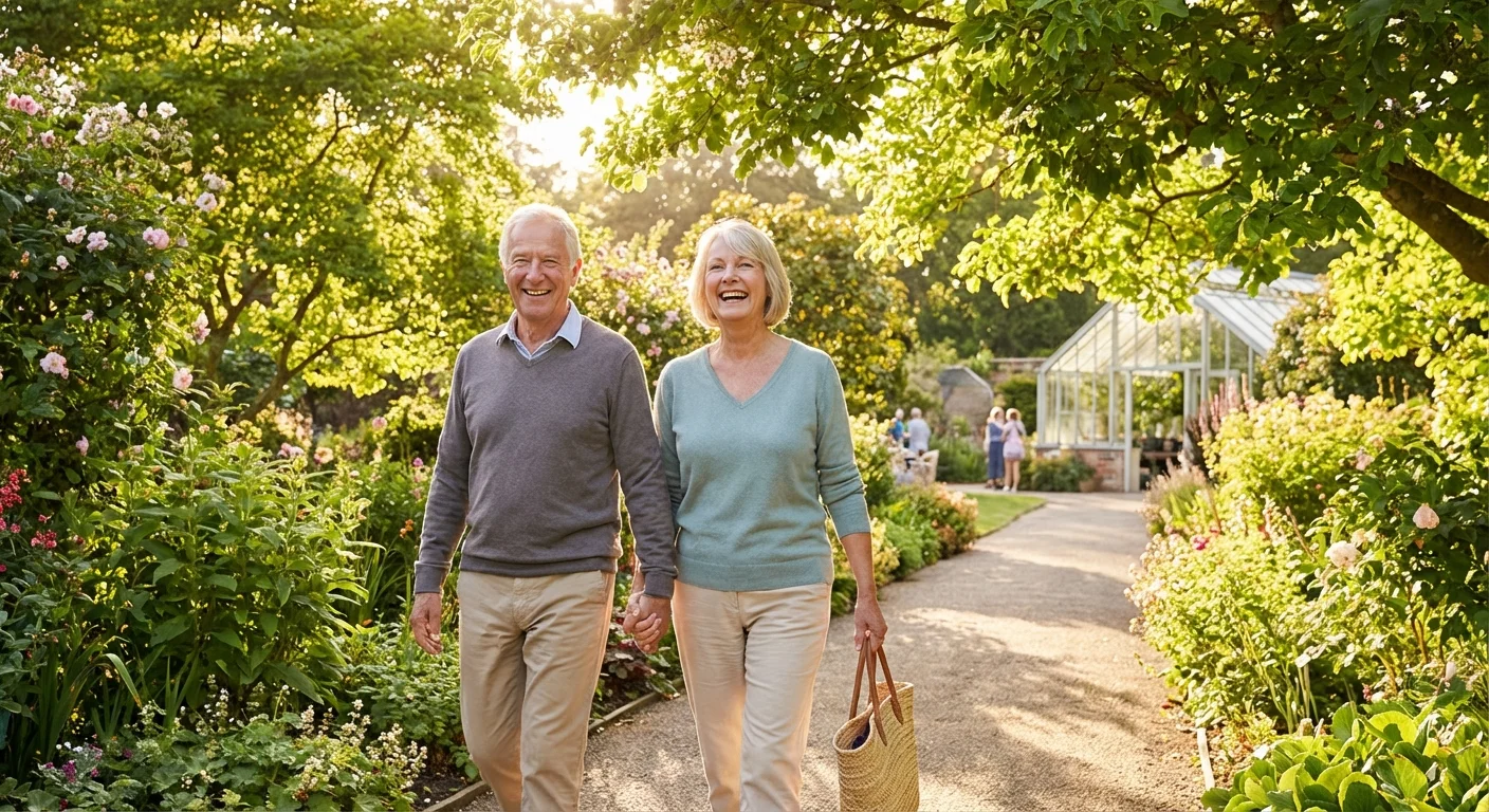 A happy senior couple walking through a beautiful garden.