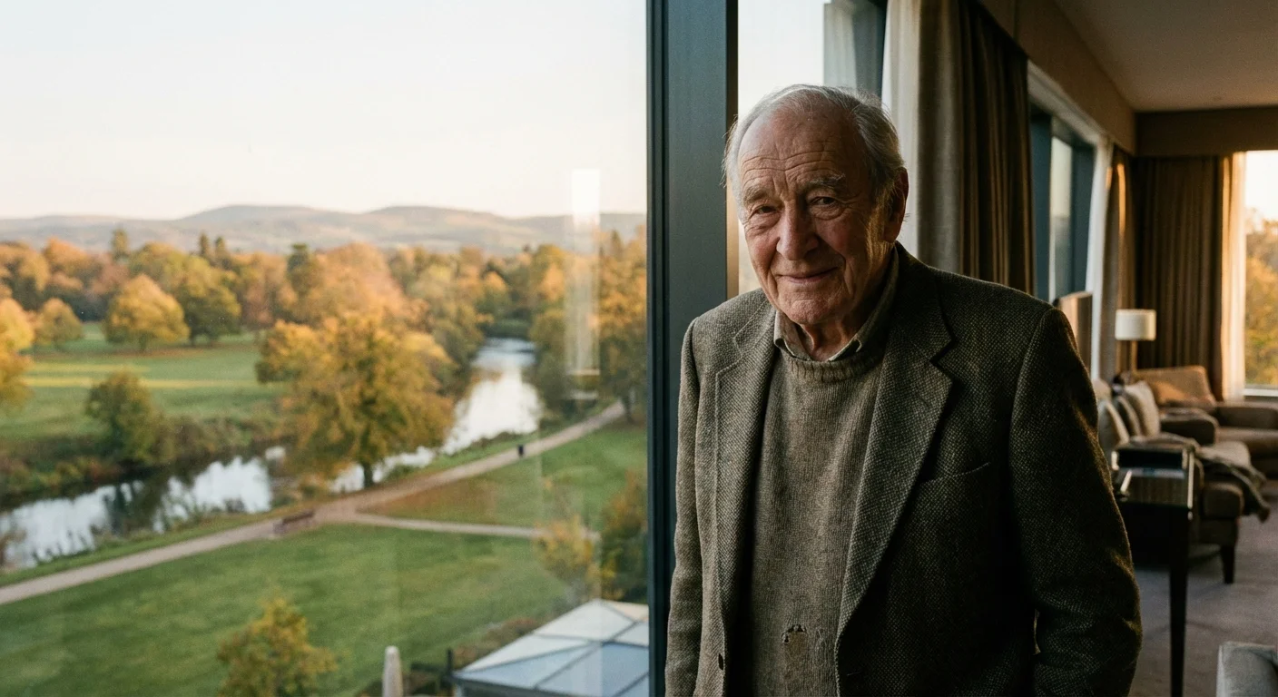 A hopeful senior man looking out a window at a park during golden hour.
