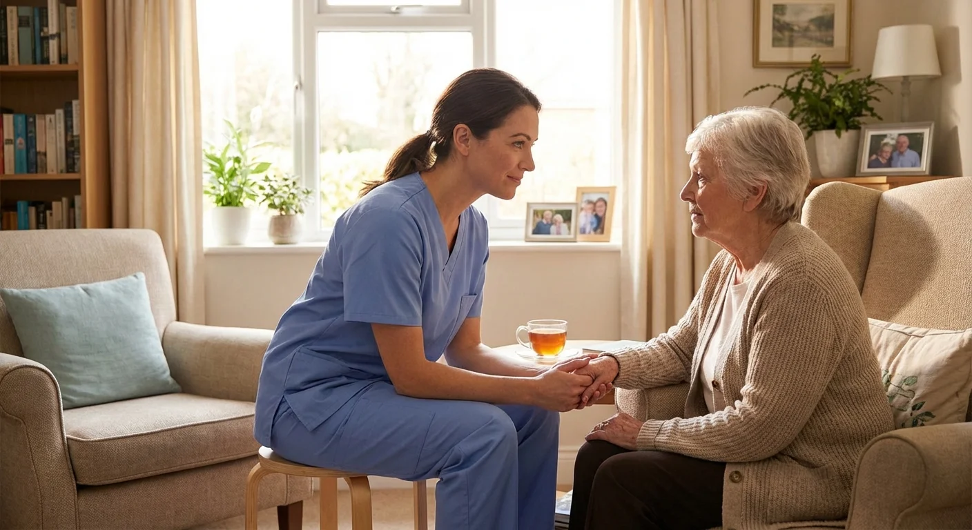 A hospice nurse sitting closely with an elderly patient in a home setting, providing emotional support and listening carefully.