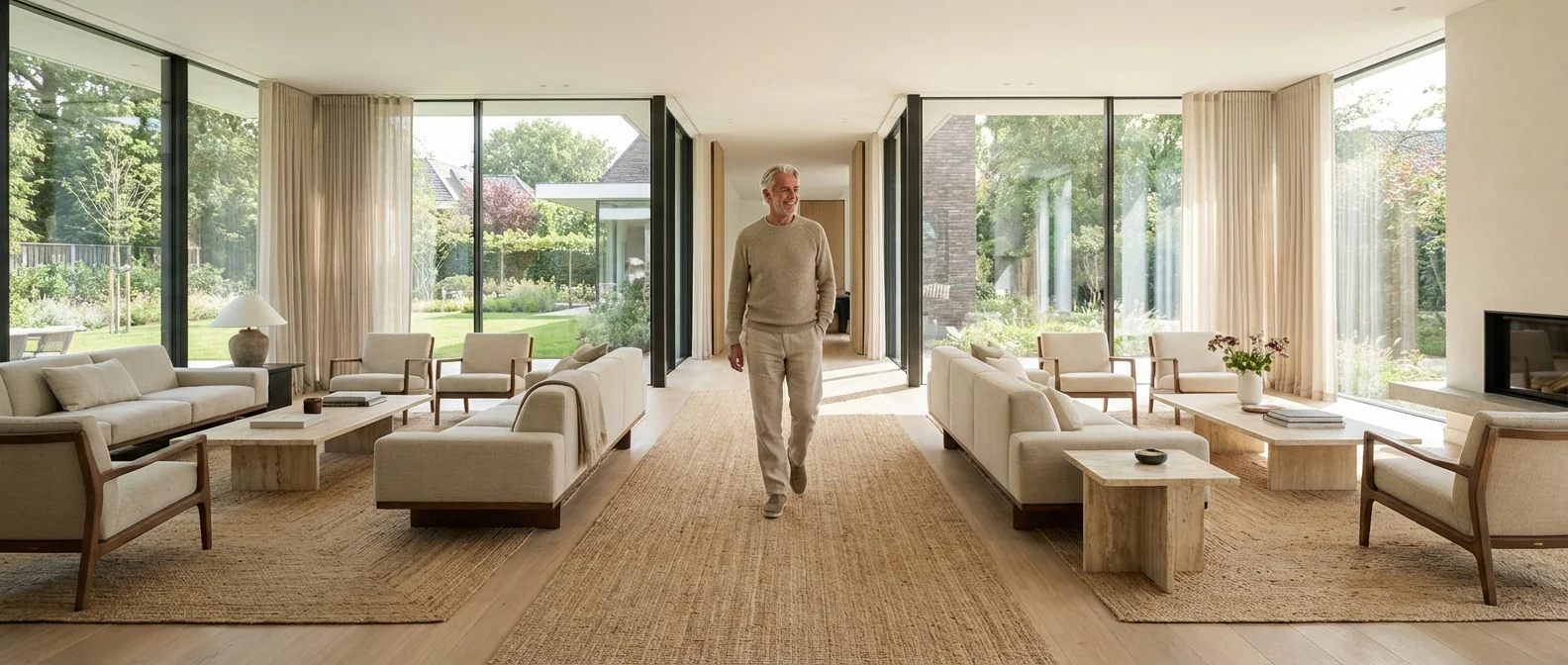 A living room with furniture moved to create wide, clear pathways for easy walking.