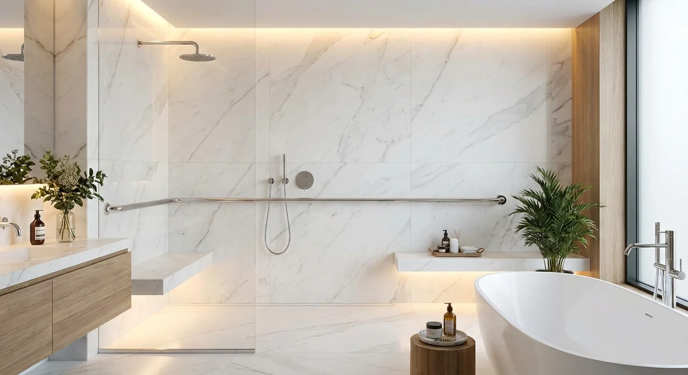 A luxury bathroom featuring a walk-in shower and stylish safety grab bars.