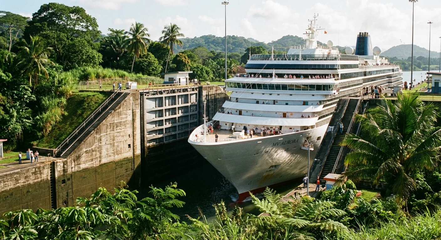 A luxury cruise ship transiting through the locks of the Panama Canal.