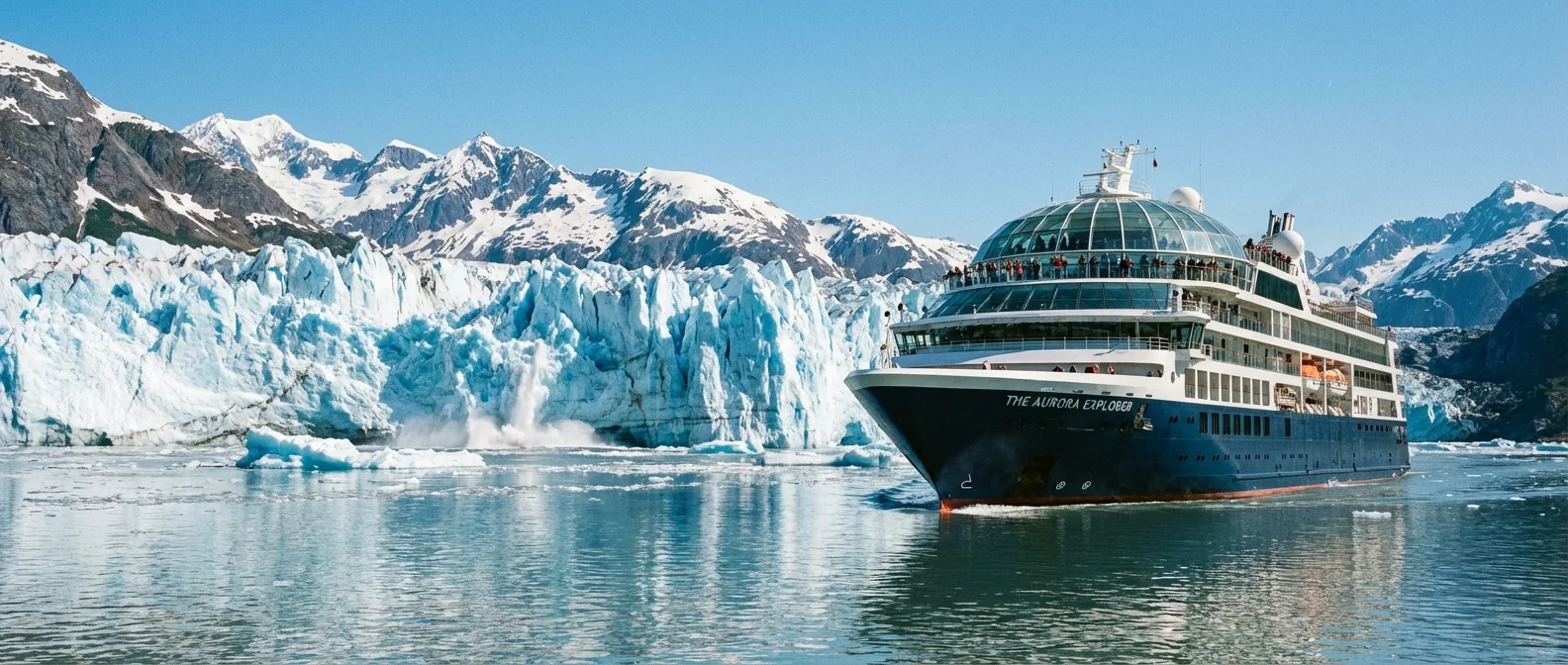 A luxury cruise ship with a glass dome sailing past an Alaskan glacier.
