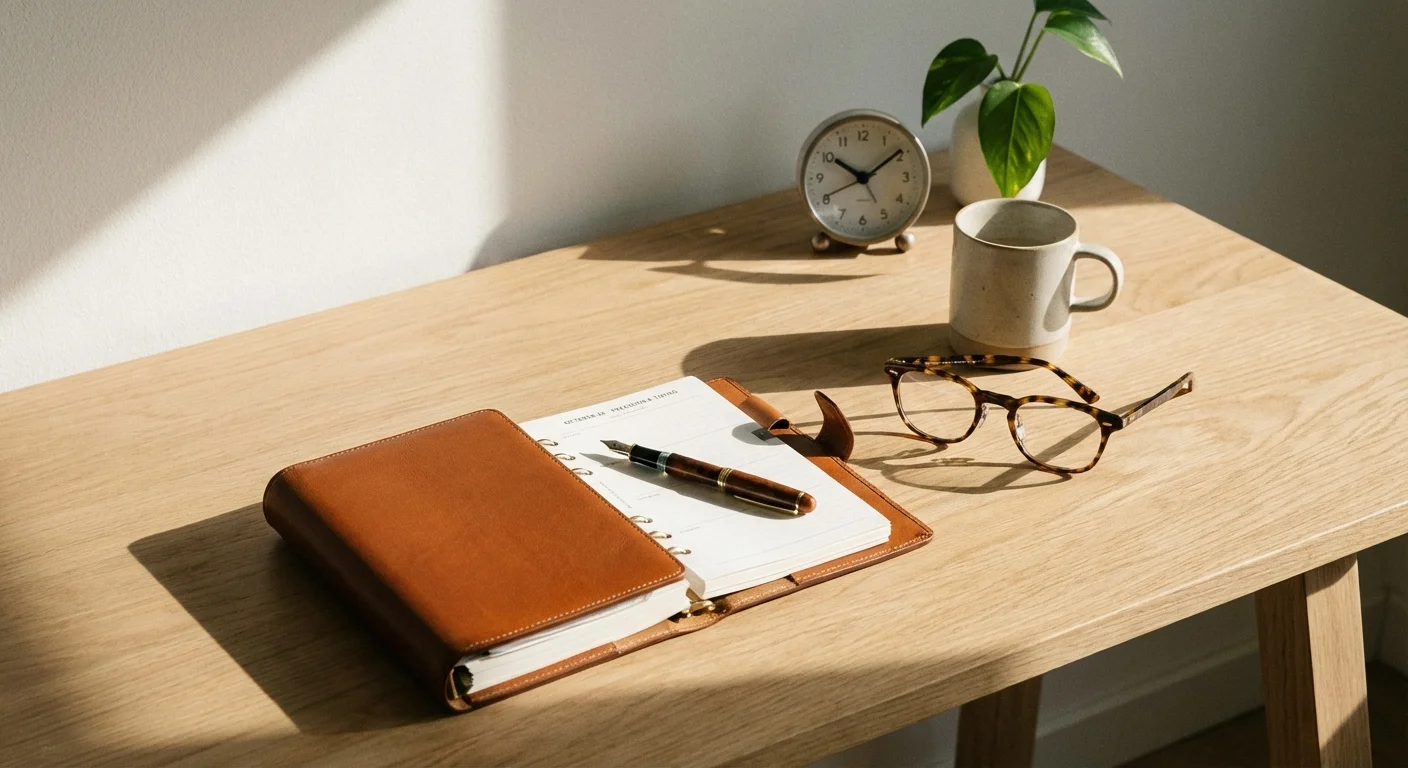 A luxury planner and glasses on a desk, illuminated by soft afternoon sunlight.