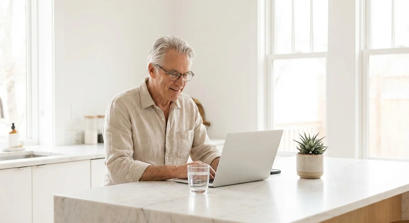 A man calmly reviewing financial information on a laptop in a bright kitchen.
