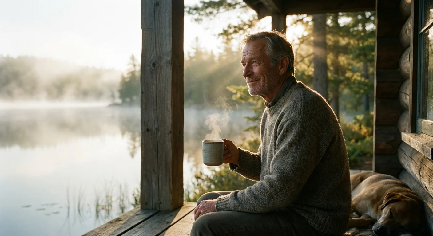 A man enjoying a quiet morning on a porch overlooking a lake.