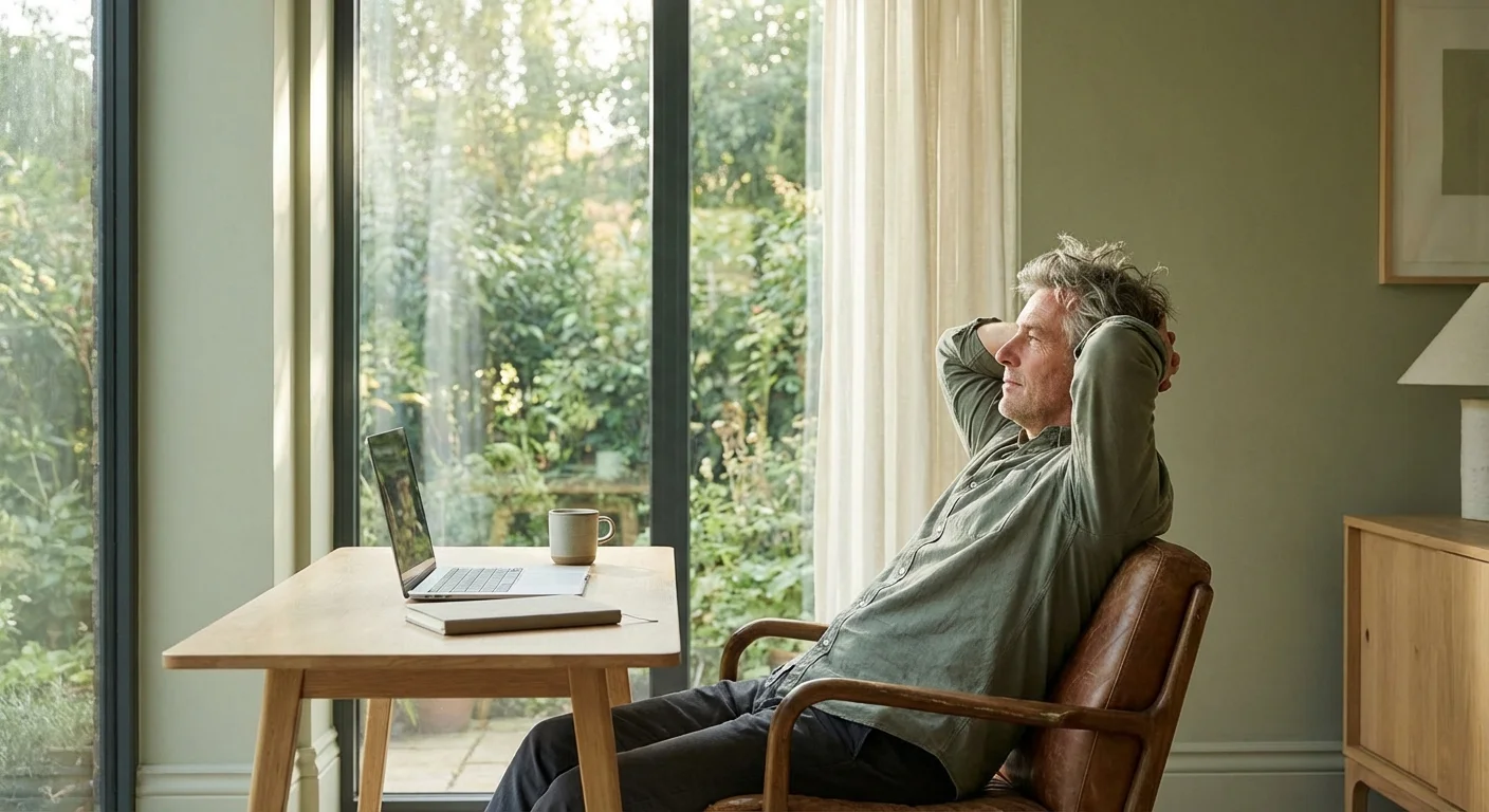 A man in a home office contemplating the decision of early retirement while looking out a window at a garden.