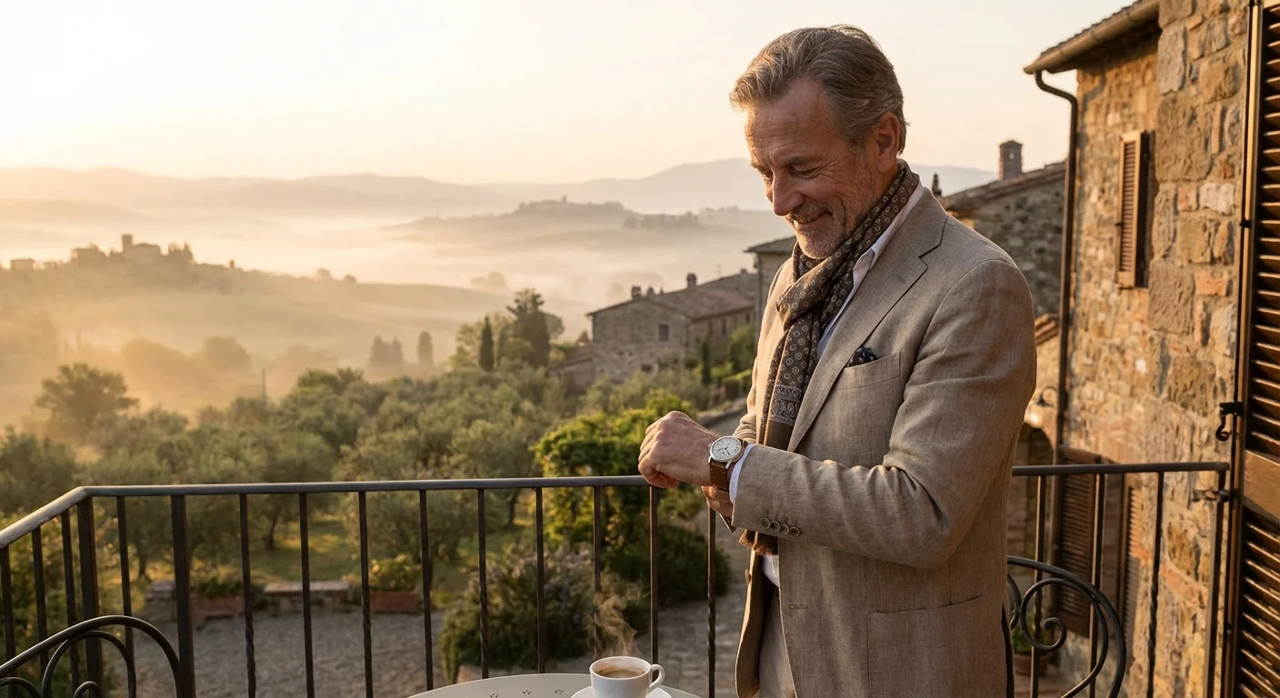 A man looking at his watch on a balcony, symbolizing the importance of timing in retirement.