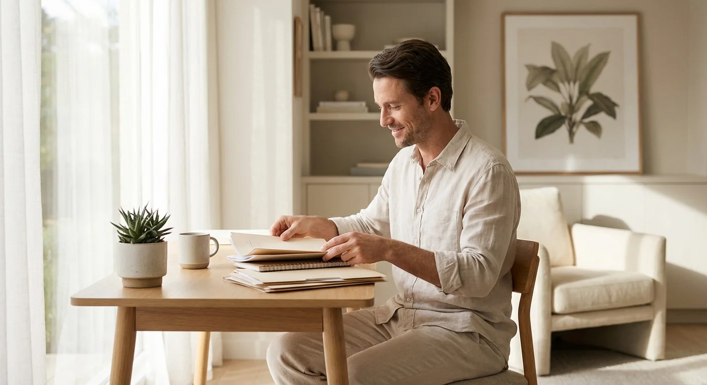 A man organizing his financial documents in a bright, minimalist home office to maintain low costs.