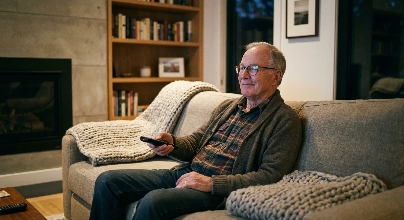 A man relaxing on a sofa at home, holding a remote in a dimly lit, cozy room.
