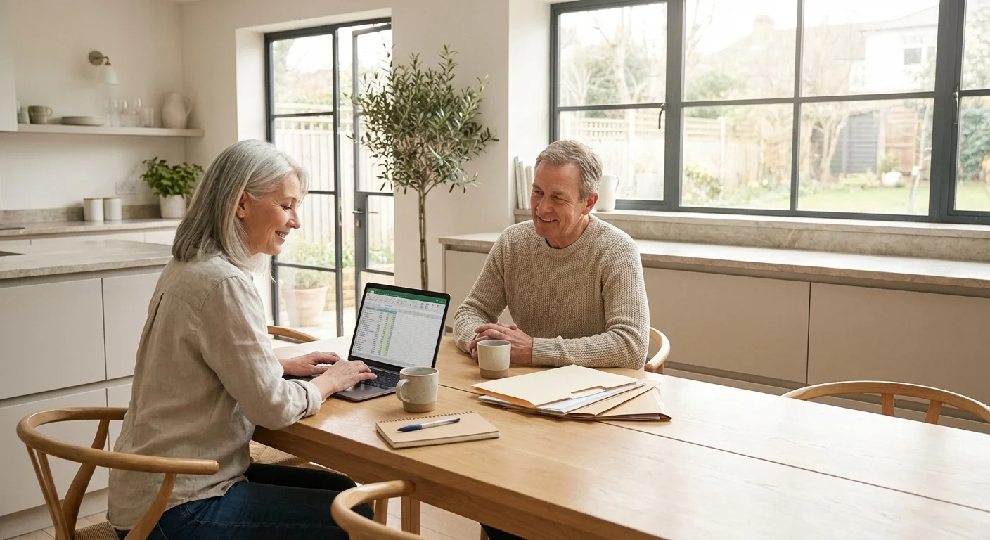 A mature couple calmly reviews financial documents on a laptop in a bright, modern kitchen.