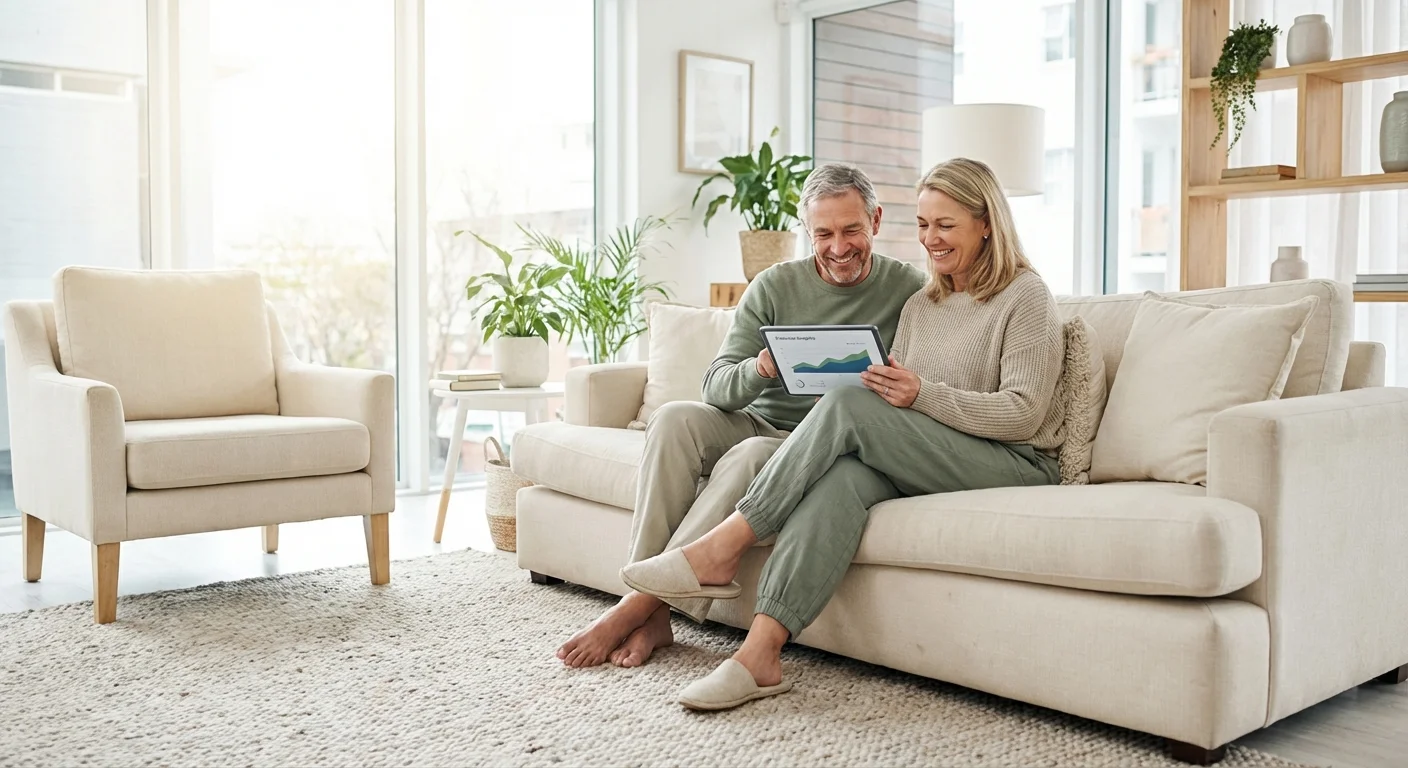 A mature couple looking at a tablet with relief, representing financial planning and retirement security.