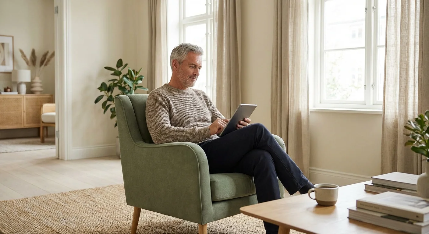 A mature man calmly reviewing financial plans on a tablet in a well-lit living room.