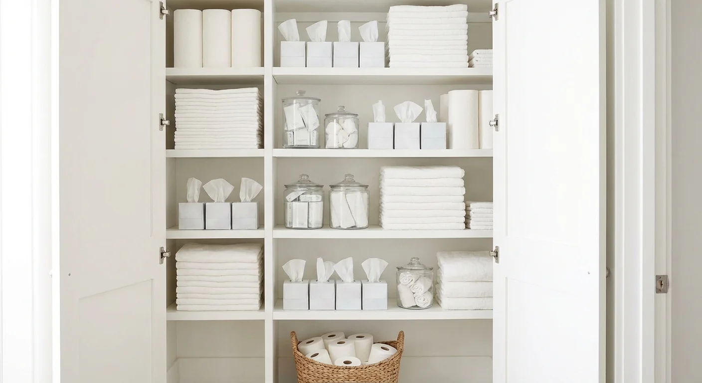 A neatly organized closet stocked with household paper goods in a bright, clean home.