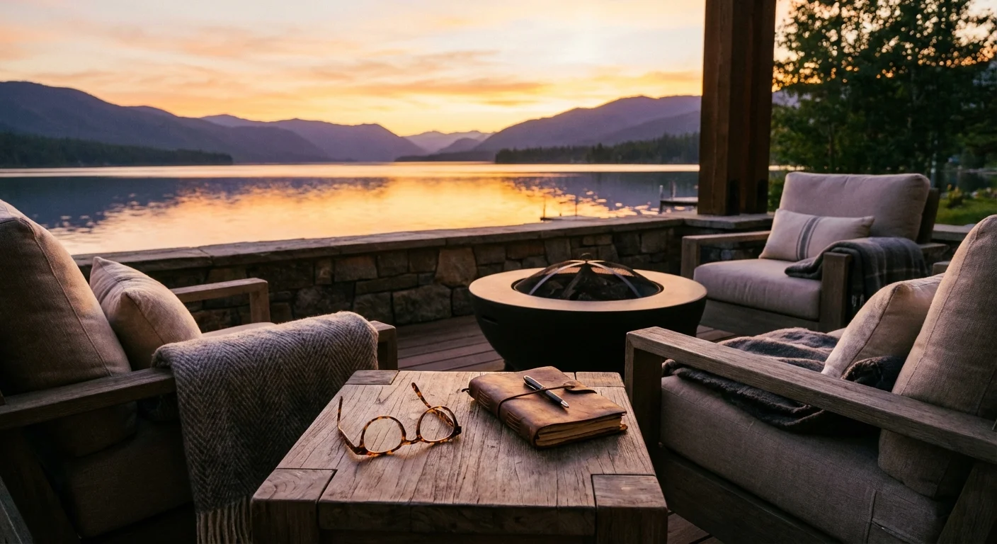 A peaceful lakeside sunset with a journal on a table, symbolizing a successful retirement plan.