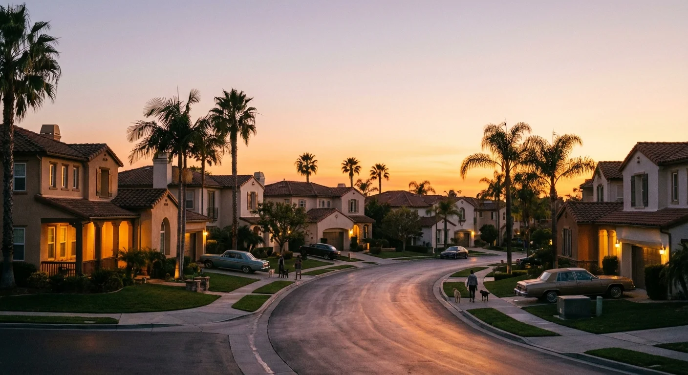 A peaceful sunset over a warm-weather retirement neighborhood.