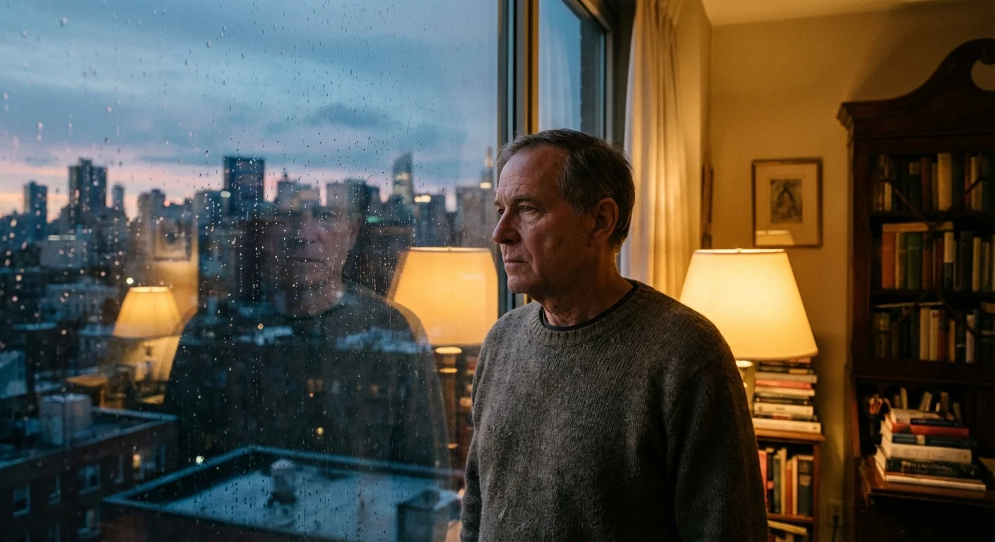 A pensive senior man looking out a window during twilight, reflecting on his future.