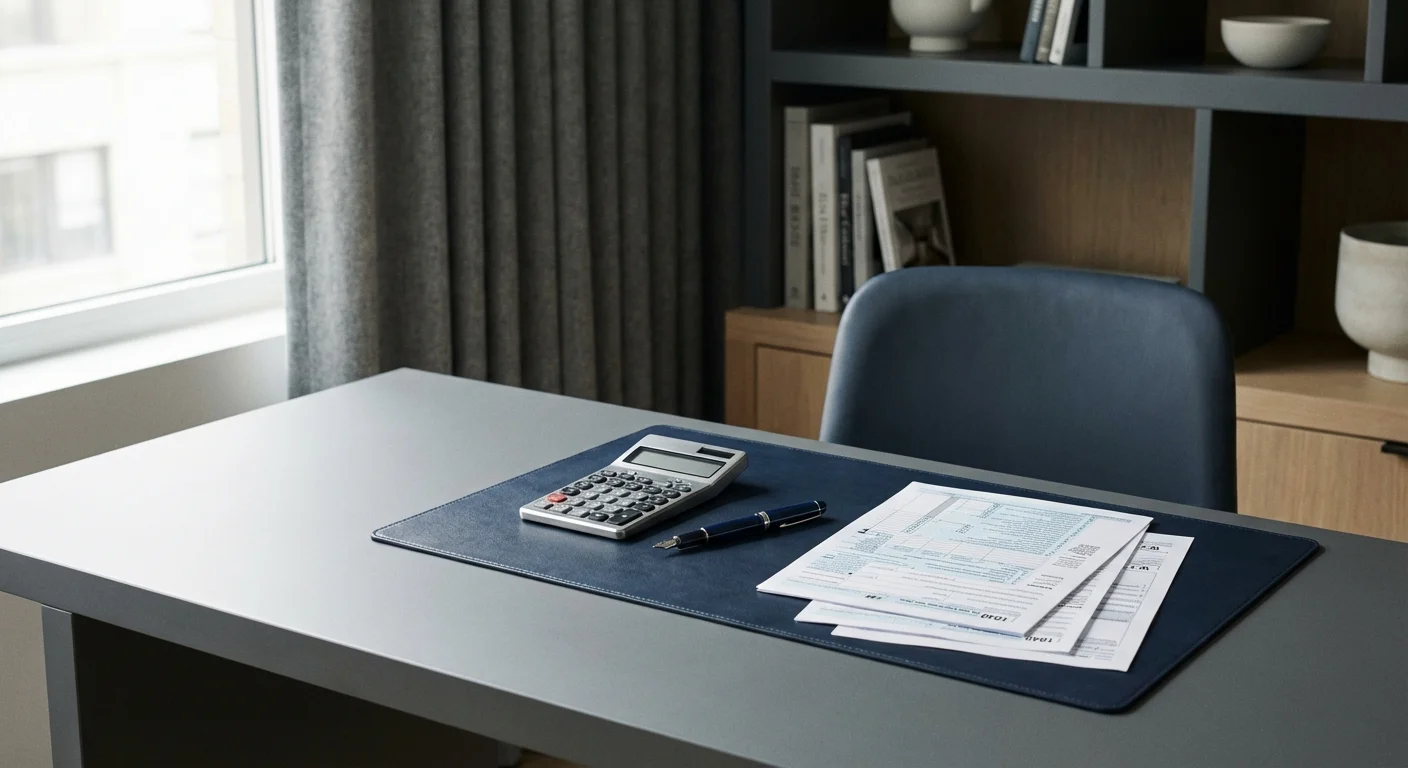 A professional home office setup with a calculator and tax documents.