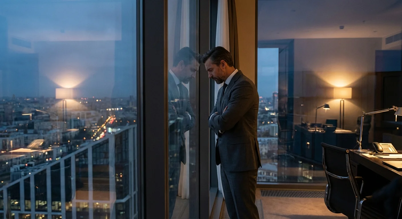 A professional man in a suit looking out of a skyscraper window at dusk.