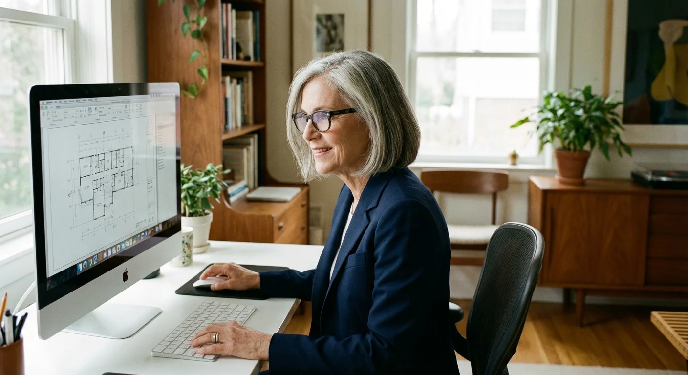 A professional woman in her late 60s working in a modern home office.
