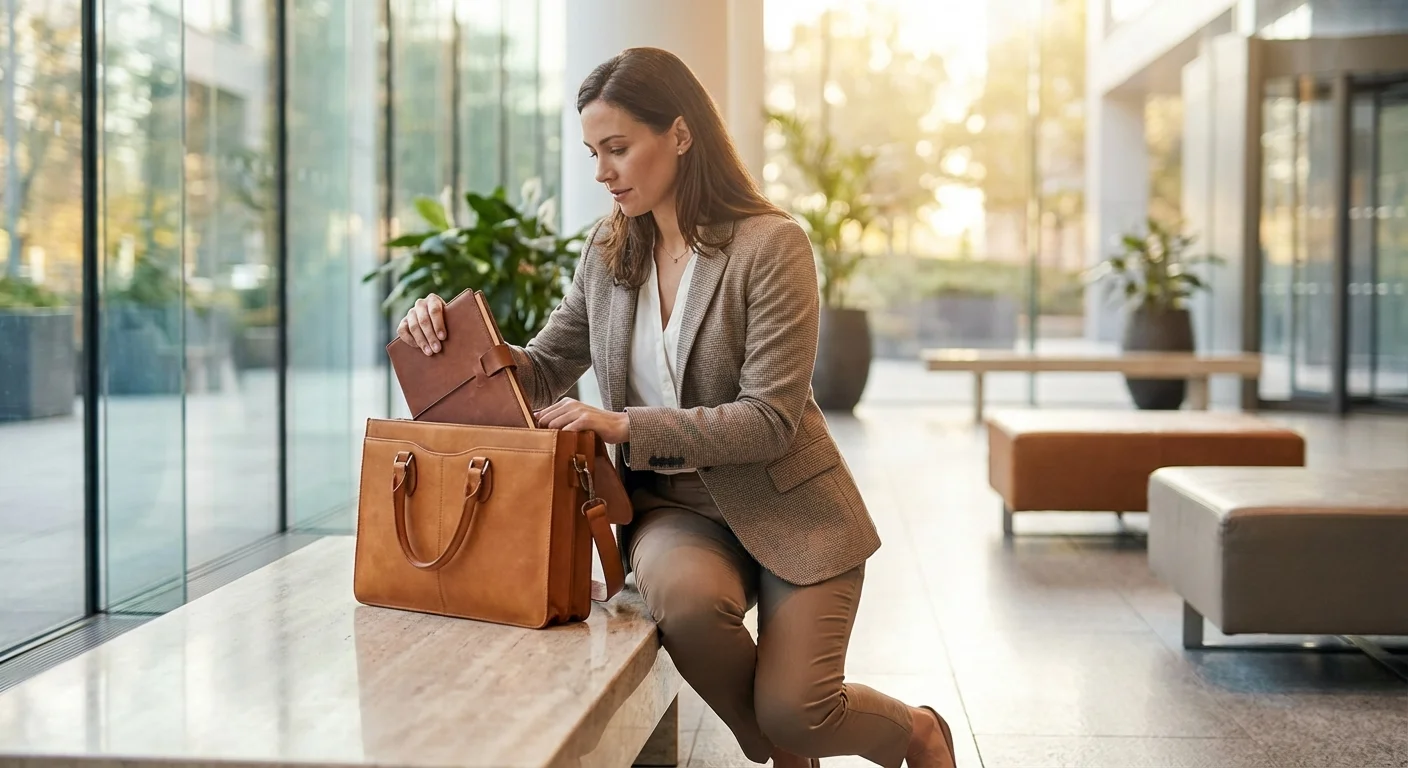 A professional woman packing her bag in a bright, modern office setting.