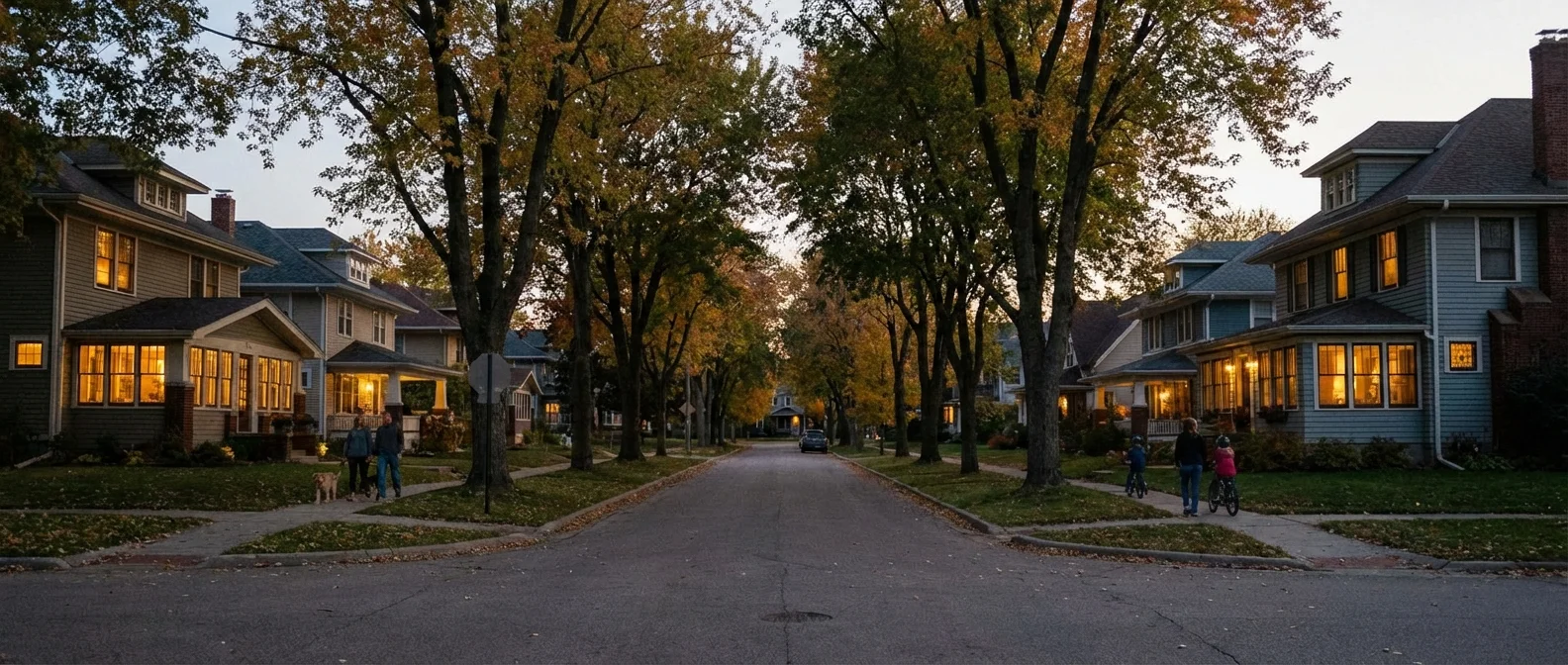 A quiet and safe Midwestern residential street at twilight.