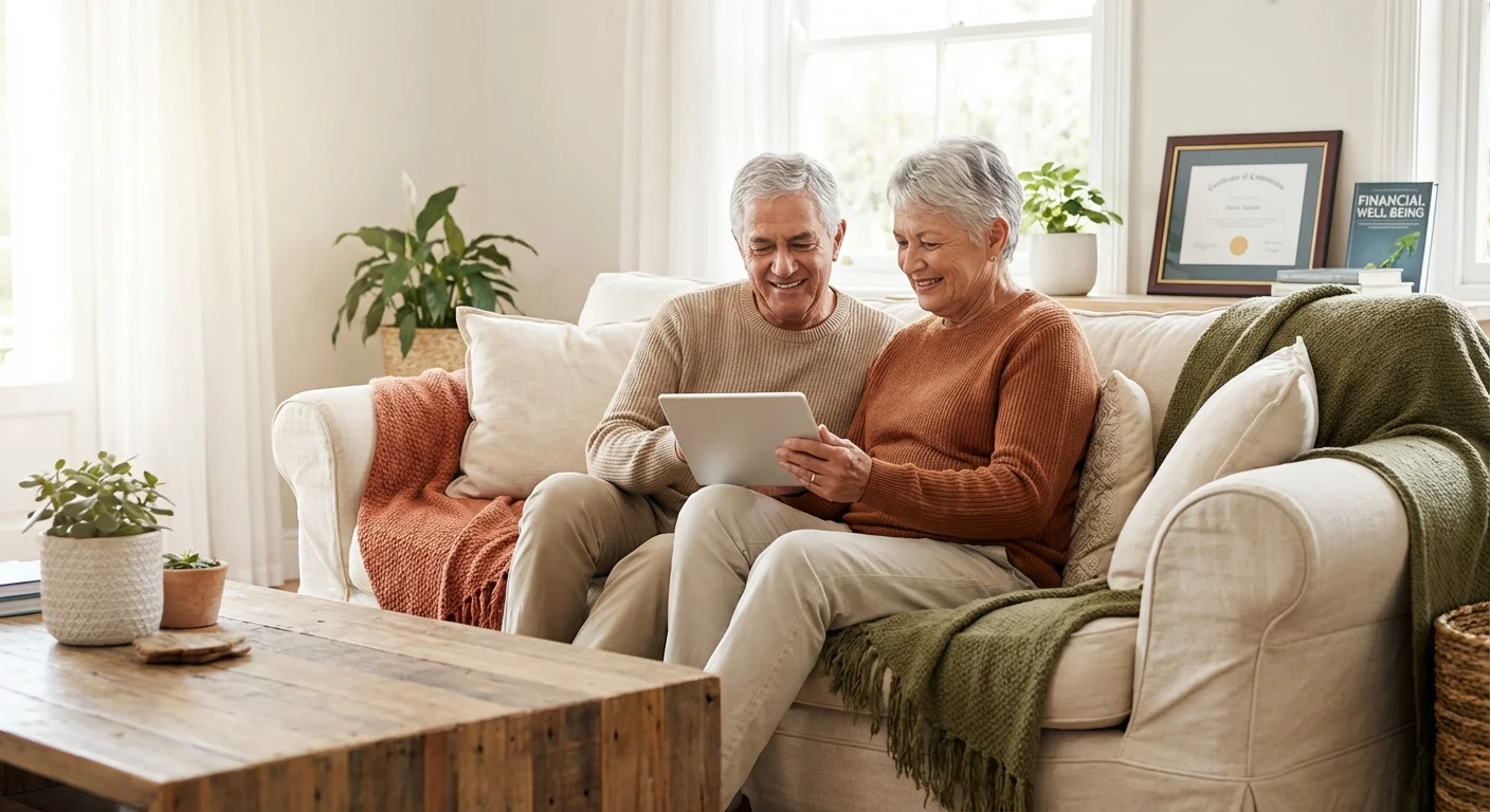 A retired couple calmly reviewing their finances on a tablet.
