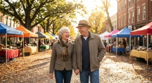 A retired couple enjoying a walk in a charming Midwestern town during autumn sunset.
