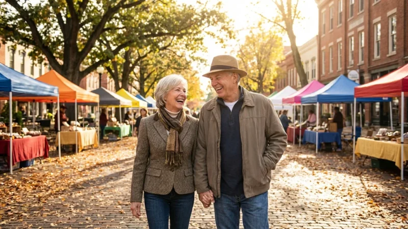 A retired couple enjoying a walk in a charming Midwestern town during autumn sunset.