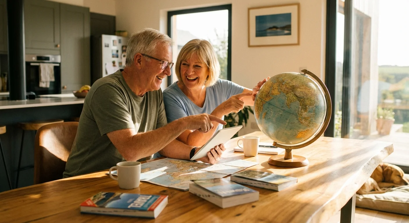 A retired couple excitedly planning their next trip with a tablet and globe.