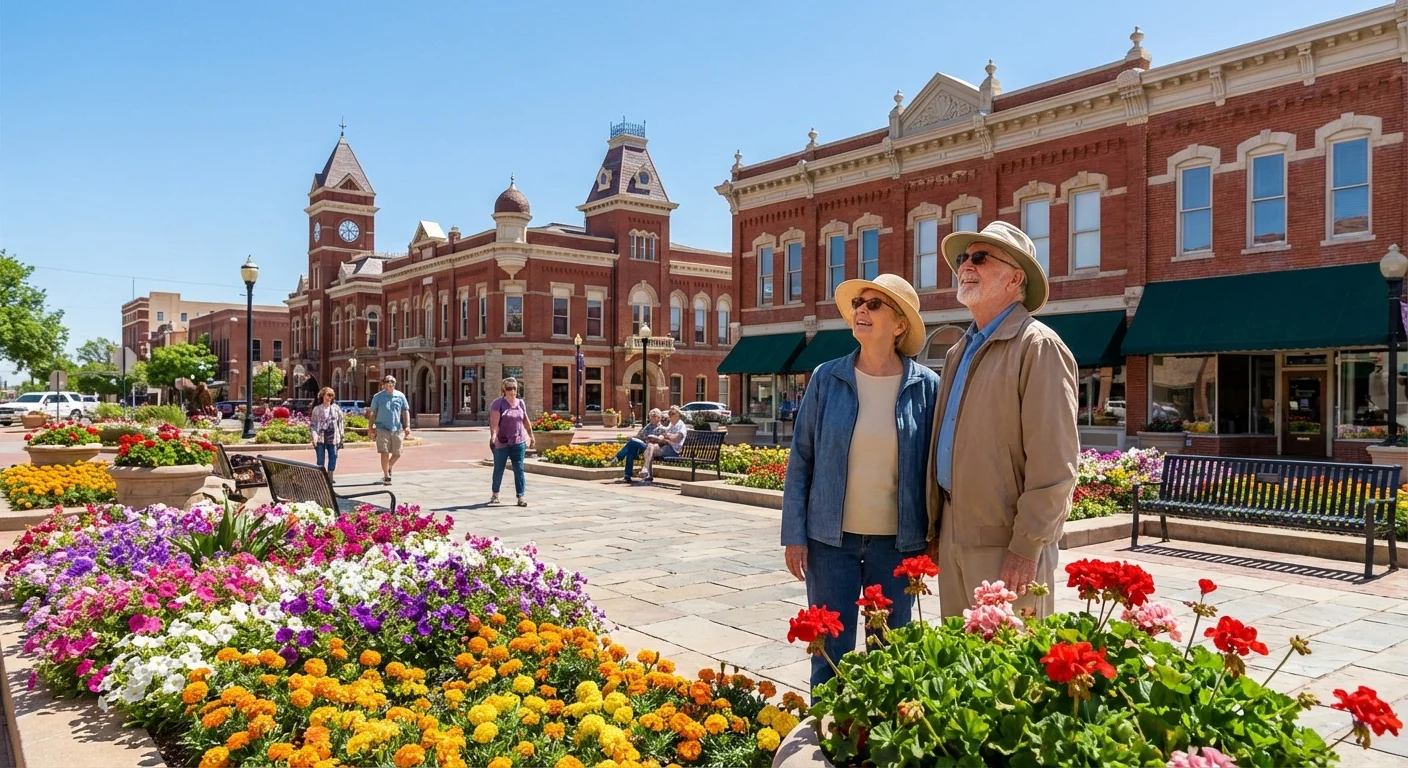 A retired couple exploring a historic downtown plaza in Lawton, Oklahoma.