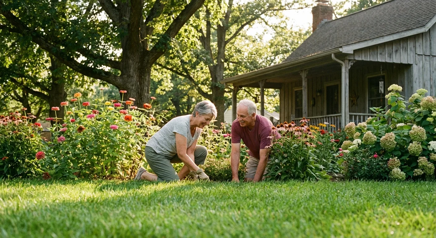 A retired couple happily gardening in their Indiana backyard.