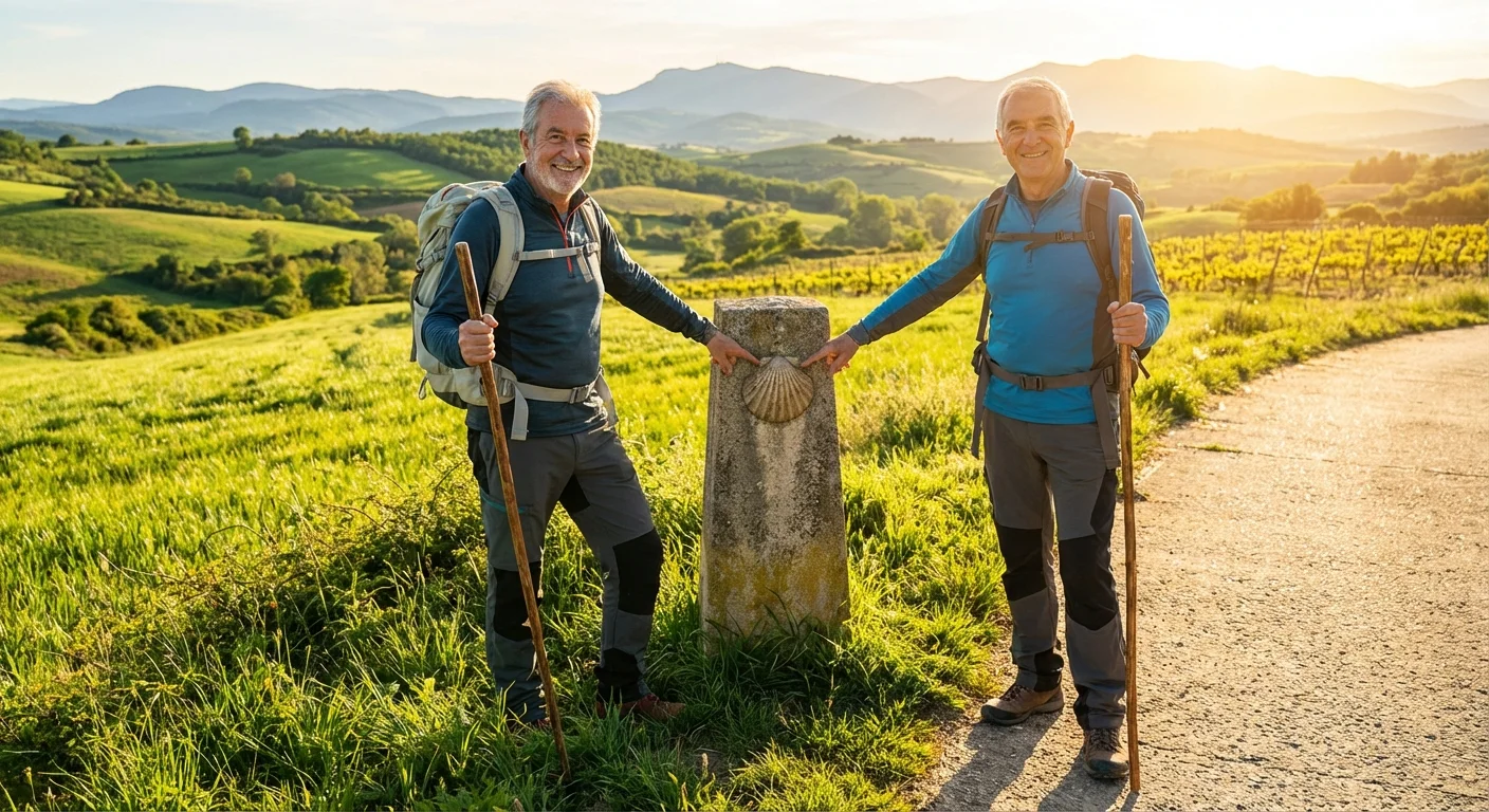 A retired couple hiking the scenic Camino de Santiago trail in Spain.