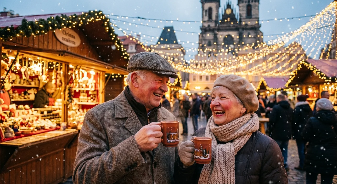 A retired couple holding mulled wine at a festive European Christmas market.