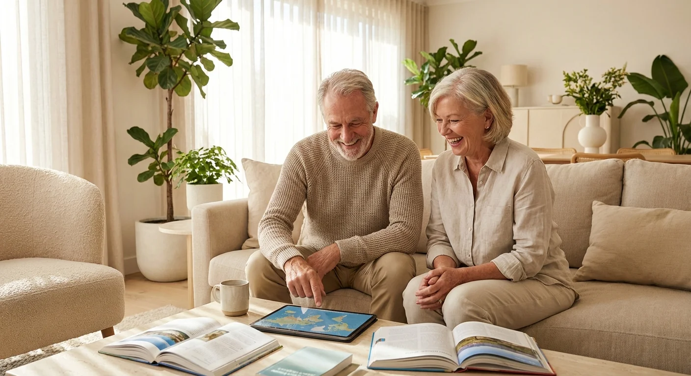 A retired couple in a bright living room planning their future, representing proactive retirement strategies.