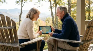 A retired couple reviews a US map on a tablet while sitting on a scenic porch, symbolizing geographic retirement planning.