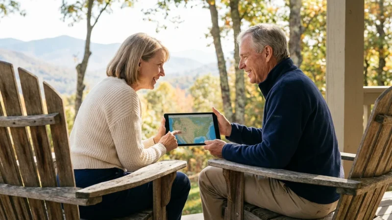 A retired couple reviews a US map on a tablet while sitting on a scenic porch, symbolizing geographic retirement planning.