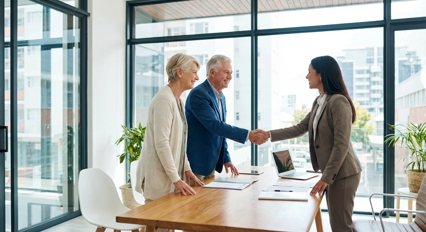 A retired couple shakes hands with their financial advisor in a modern office.
