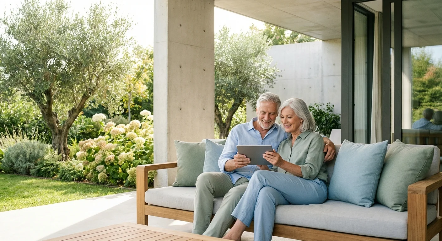 A retired couple smiling while looking at a tablet on their sunny patio.
