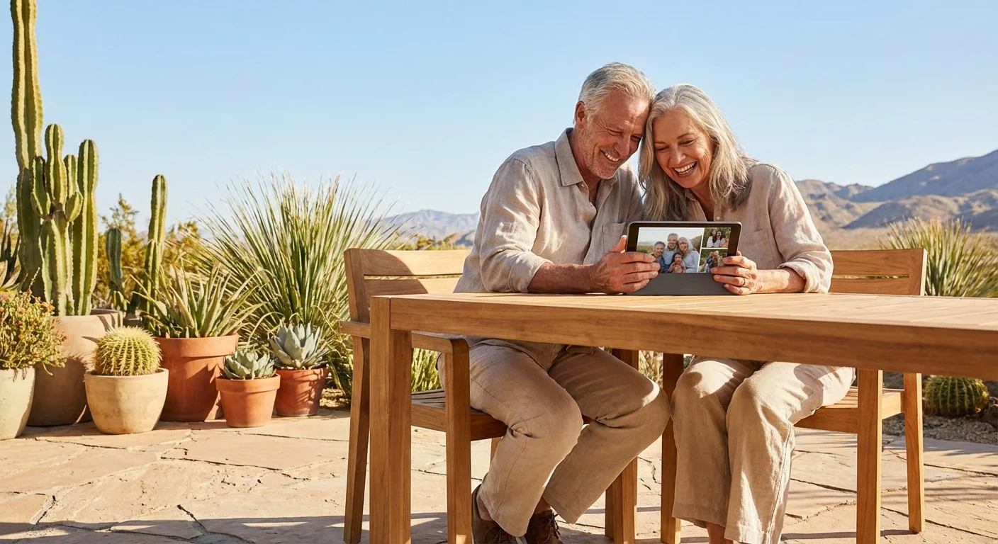 A retired couple smiling while researching relocation options on a tablet in a sunny patio.