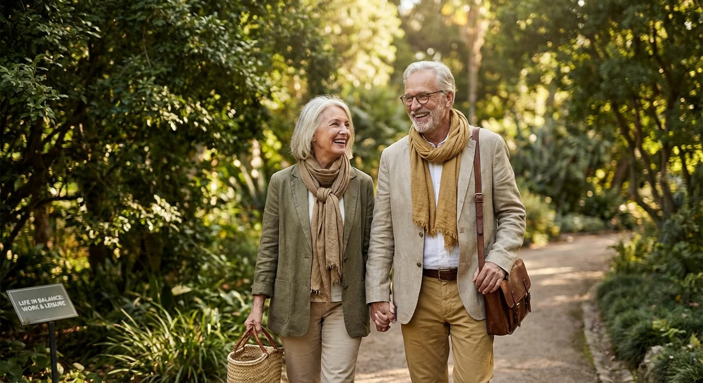 A retired couple walking happily in a park, symbolizing the balance of a part-time career and leisure.