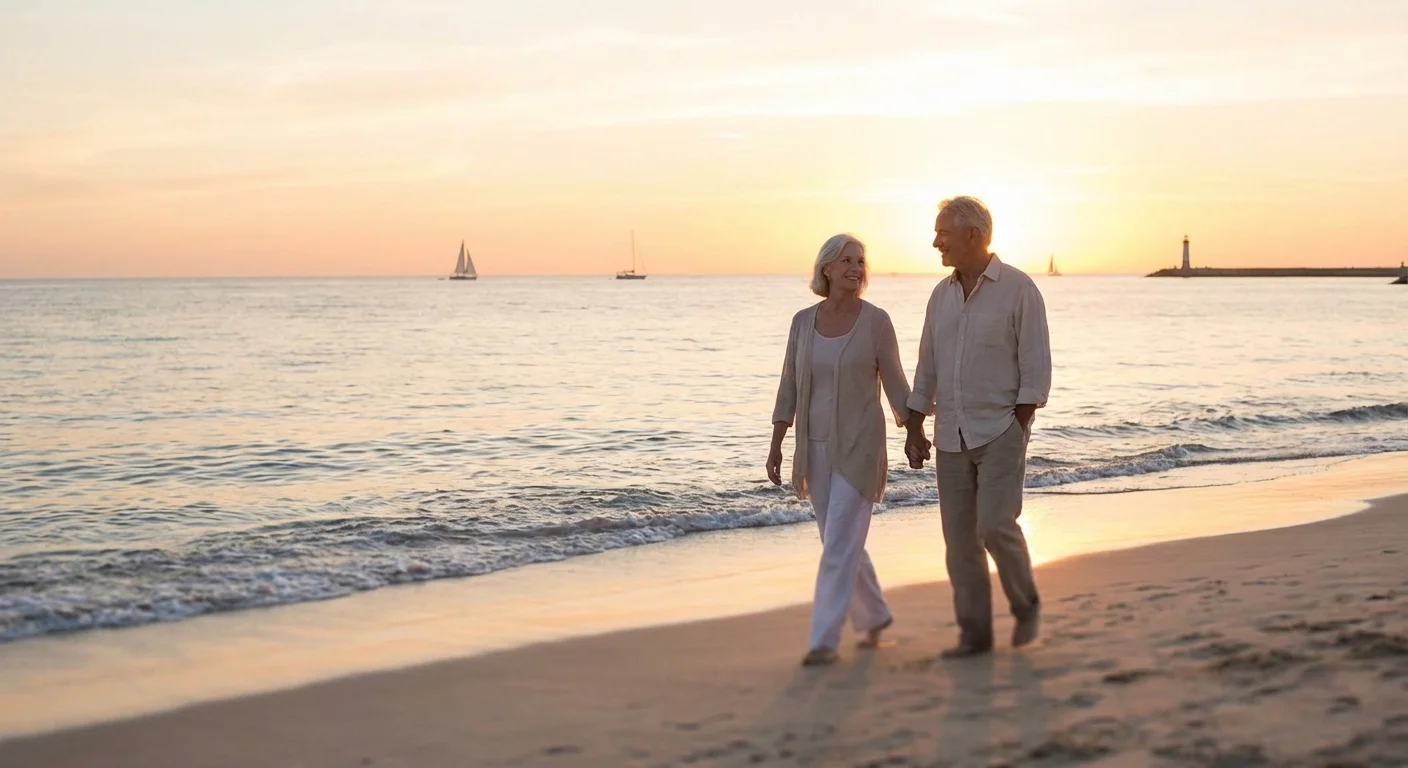 A retired couple walking on the beach at sunset, representing financial freedom.