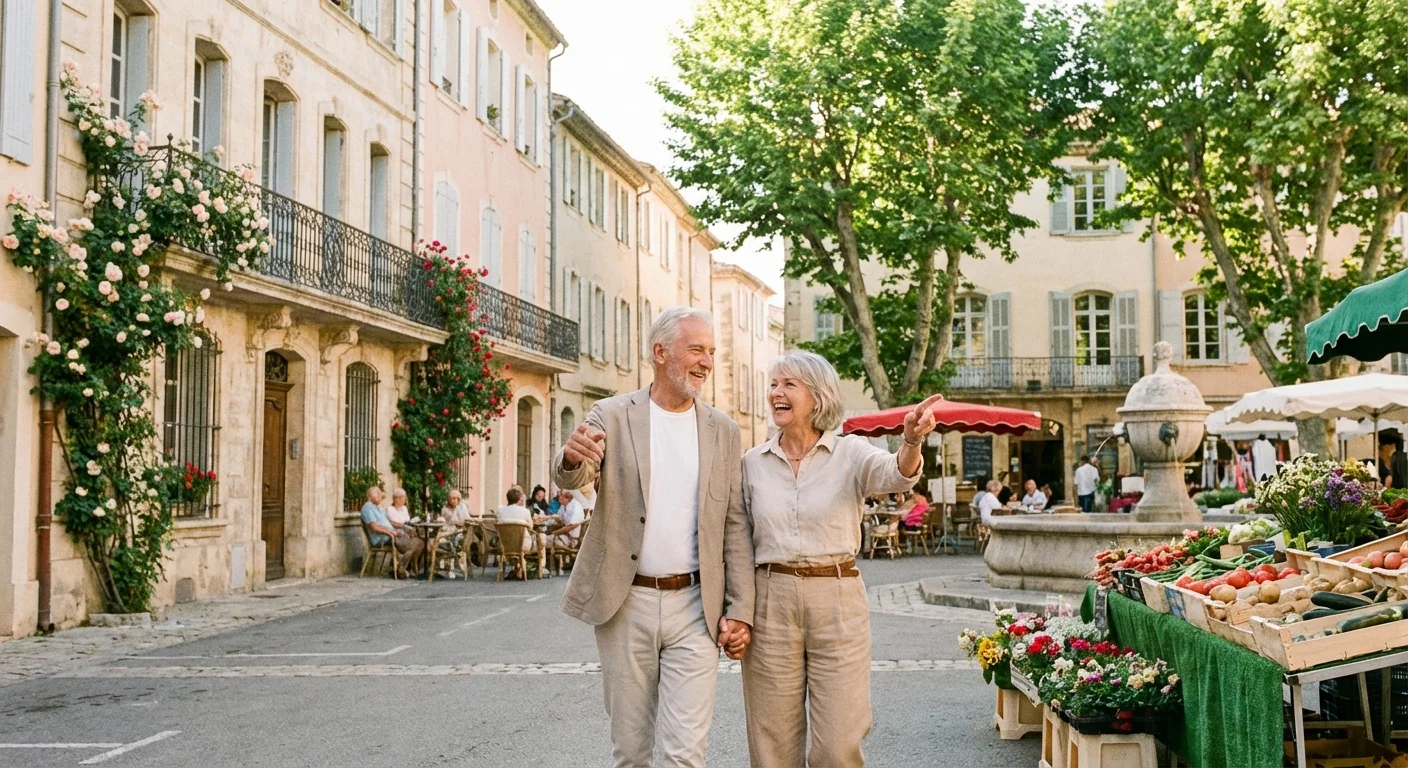 A retired couple walking through a beautiful, sun-lit historic city square.