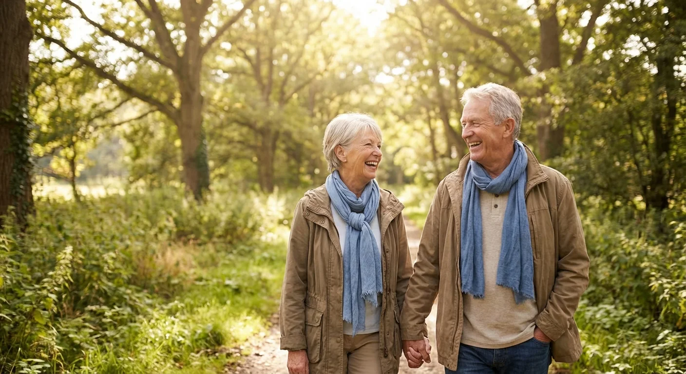 A retired couple walking together in a park, symbolizing partnership and shared benefits.