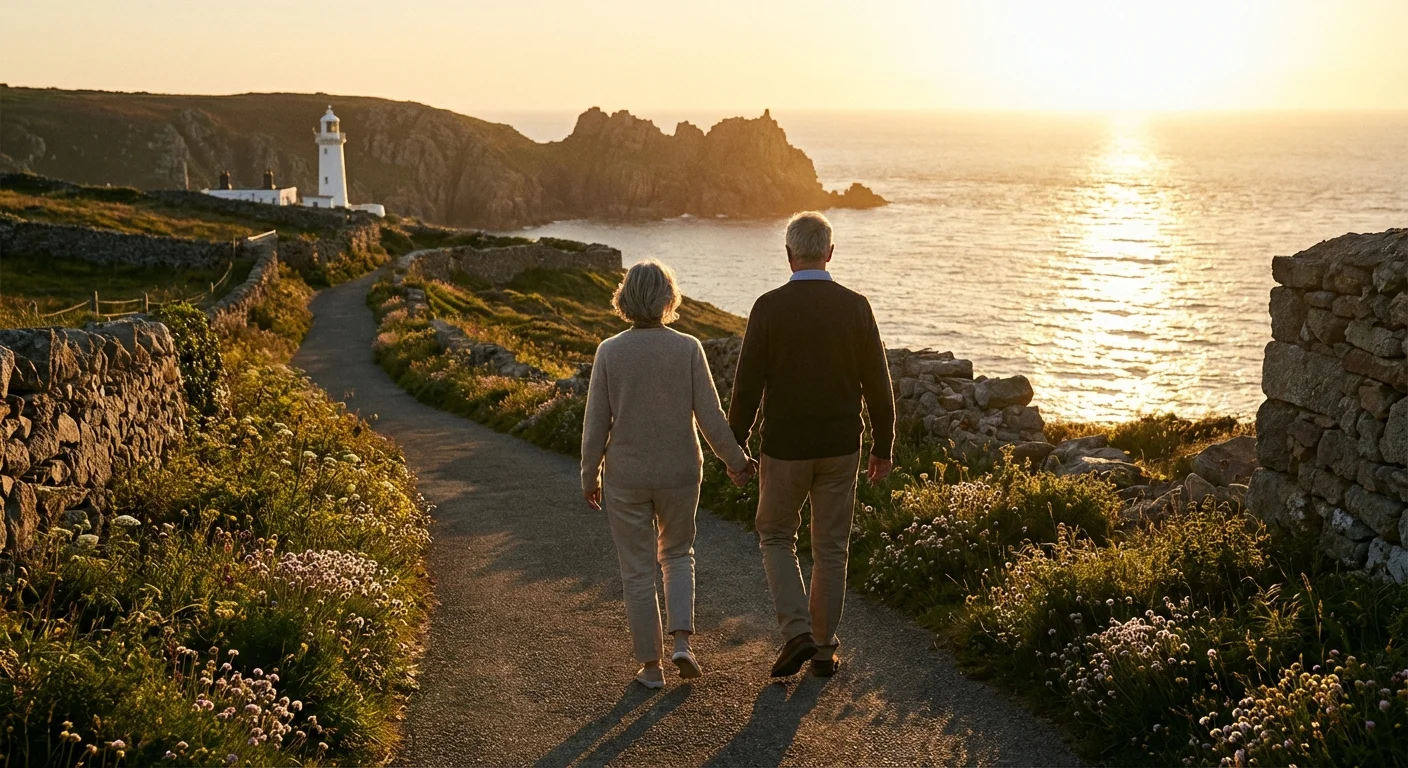 A retired couple walking together on a beautiful path at sunset.