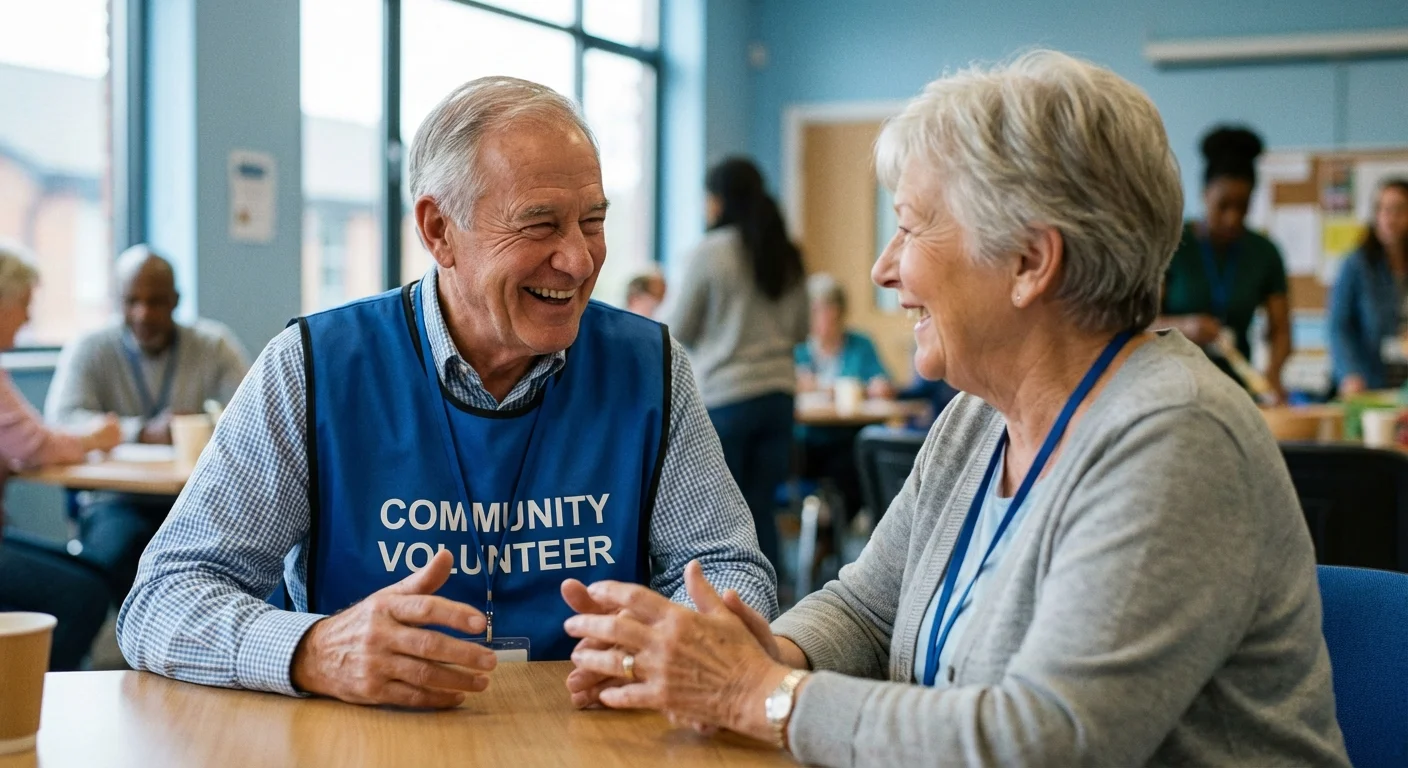 A retired male volunteer engaging in a friendly, meaningful conversation at a bright community center.